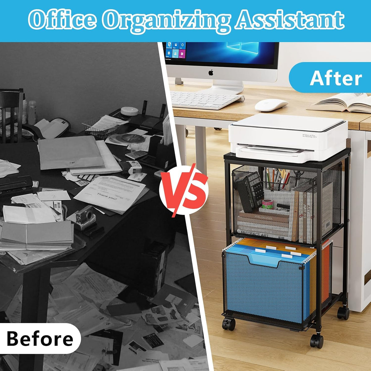 Sbanmao Rolling File Cart with 2 Storage Drawers, Mobile File Cabinet with Wh...