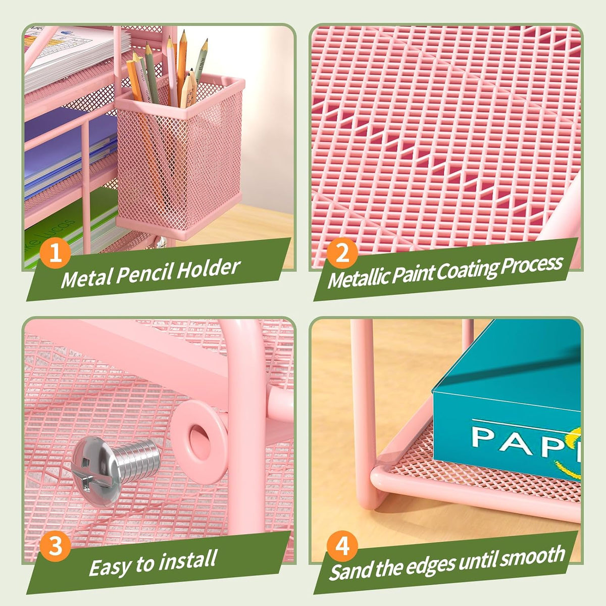 Pink 7 Tier Desk File Organizer, Metal Letter Tray Paper Organizer with Pull-...