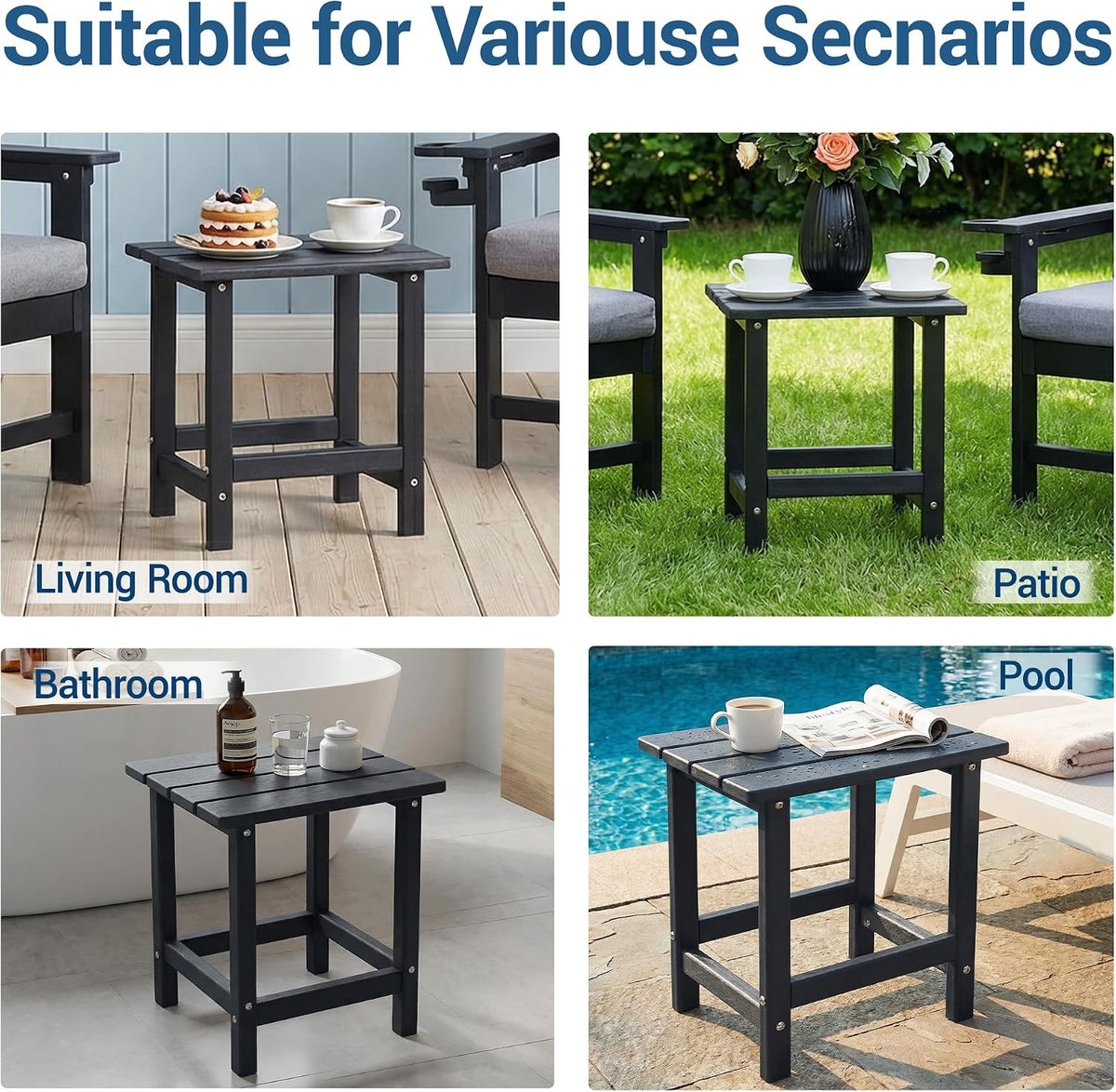 Waterproof HDPE Shower Stool, Side Table for Patio Conversation Set, Black