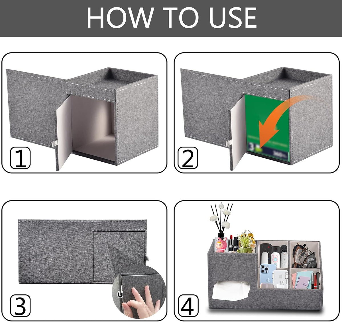 Plus Size Tissue Box Cover-Square Linen Tissue Cover with Side Storage and Tr...
