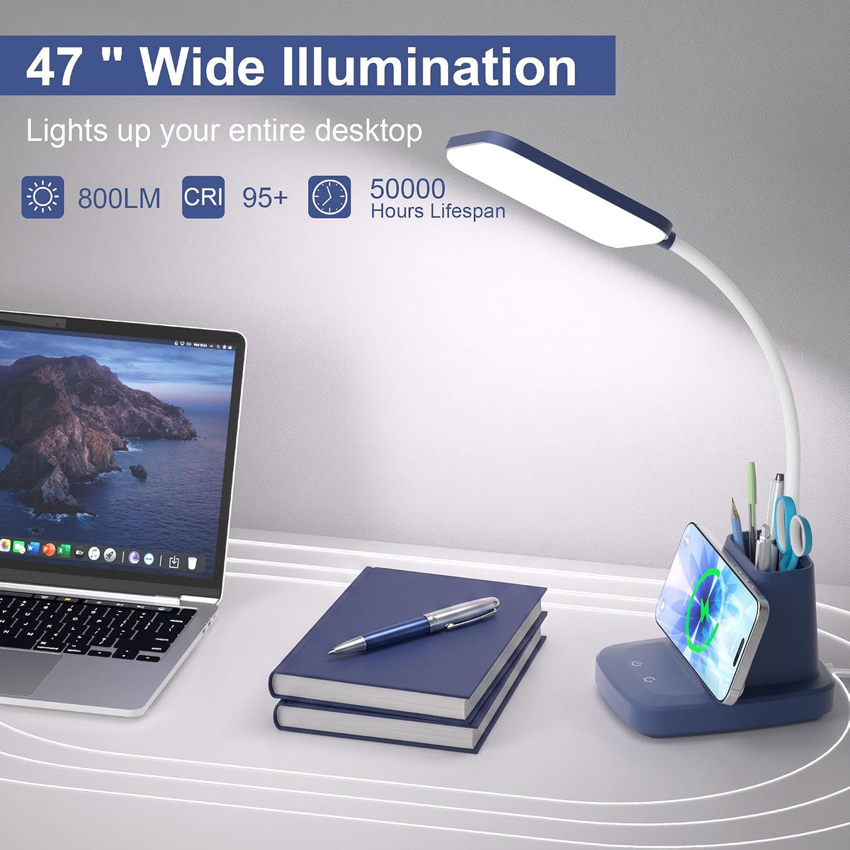 LED Desk Lamp with 10W Wireless Charging & Pen Holder, Navy Blue
