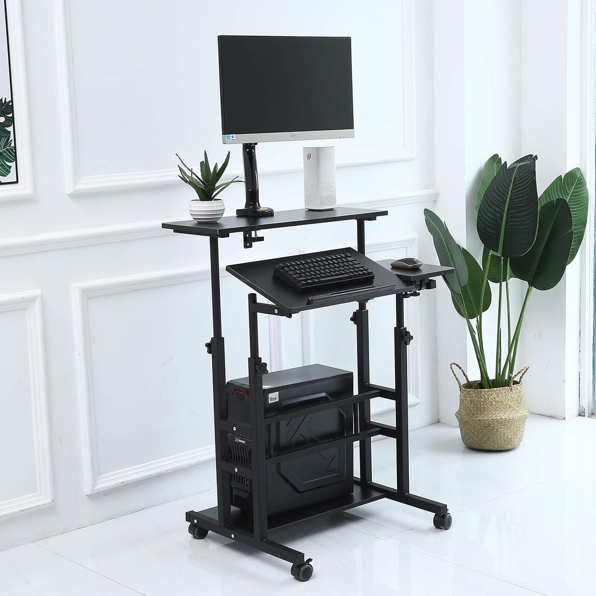 Small Standing Desk on Wheels, Height Adjustable Rolling Desk with Storage
