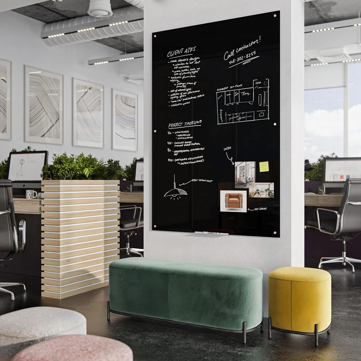 U Brands Black Glass Dry Erase Board, Wall Mounted White Board, 72" x 48...