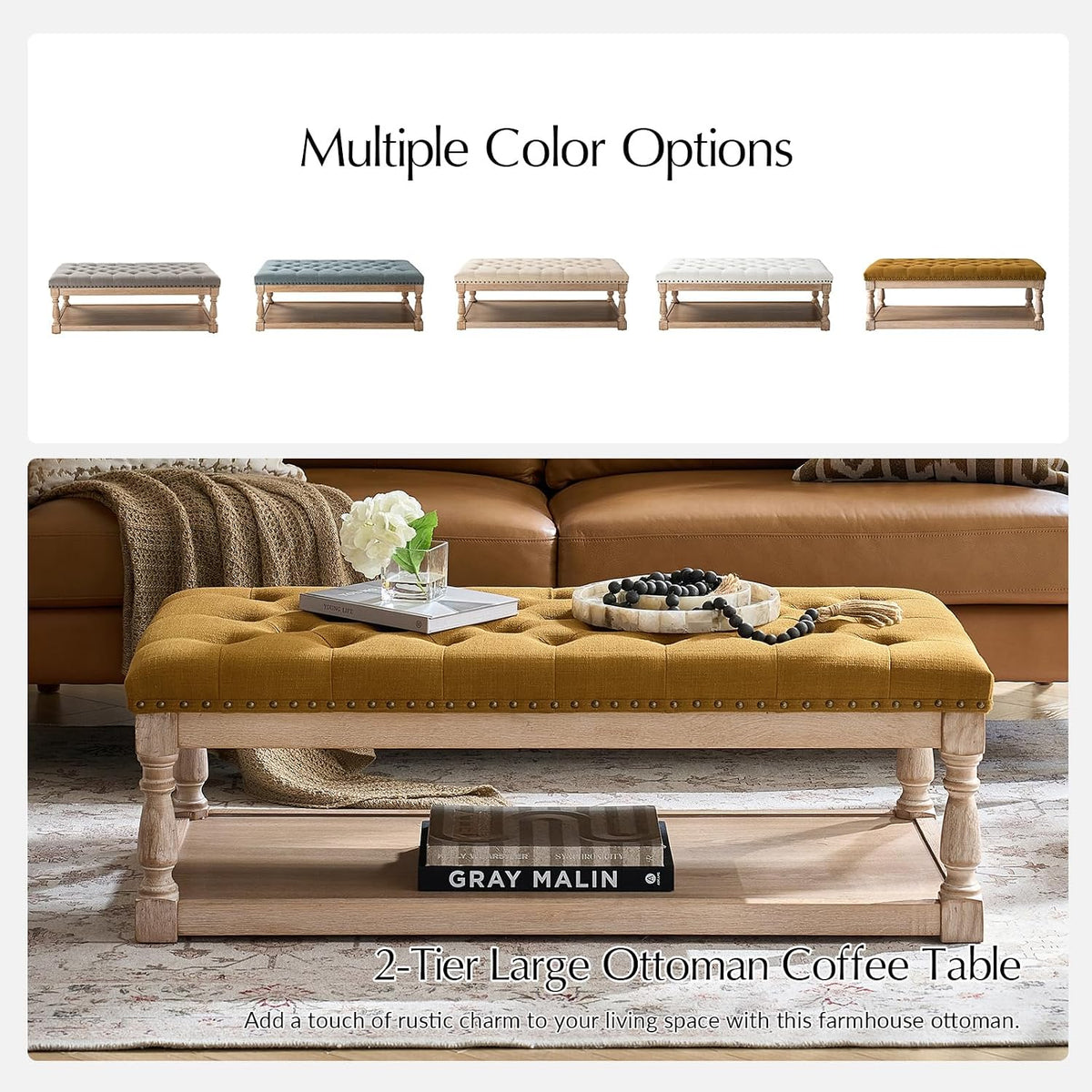 HULALA HOME Storage Tufted Ottoman Coffee Table with Solid Wood Legs, Golden
