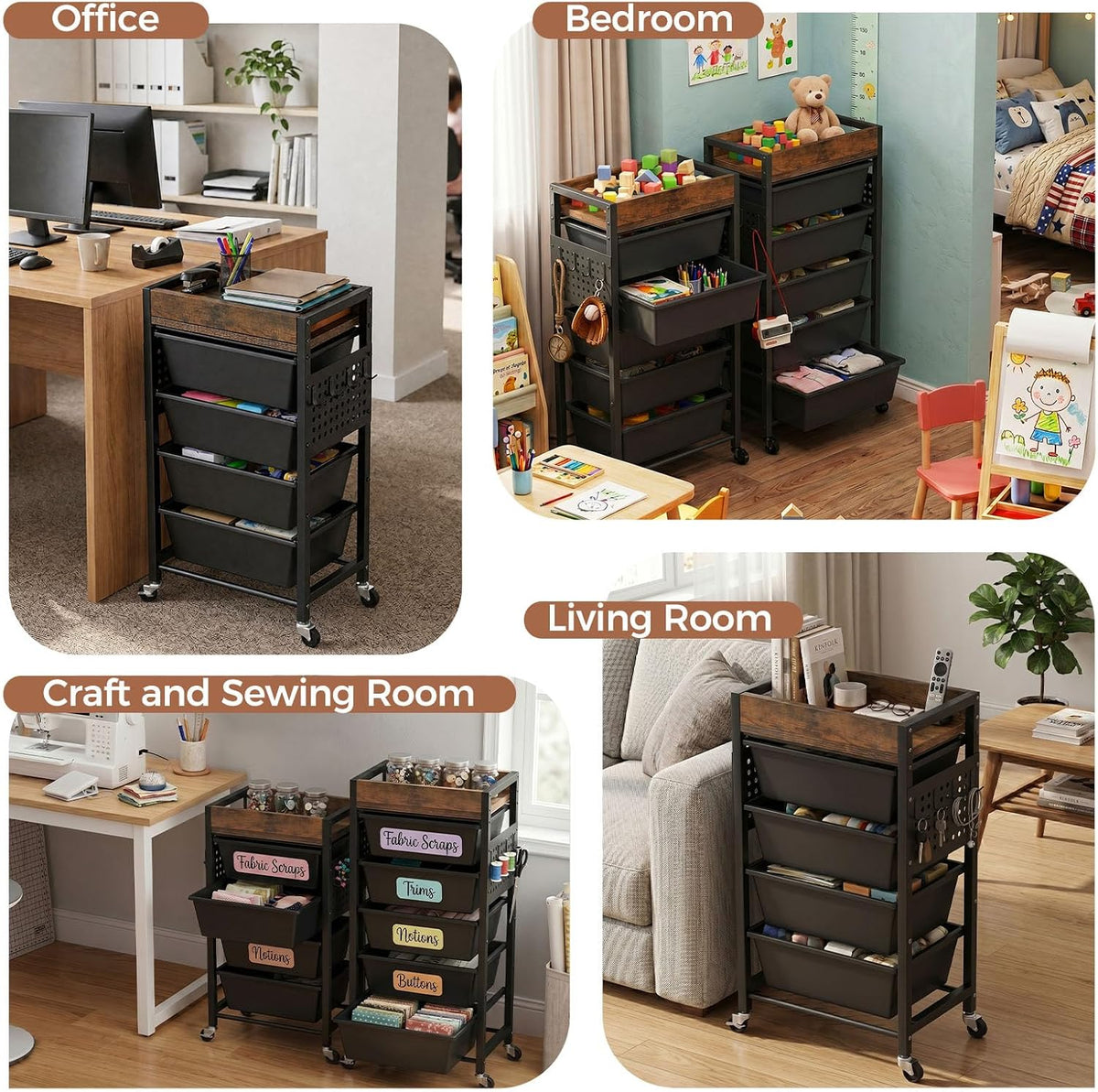 6 Tier Rolling Cart with Drawers, Plastic Drawer Storage Craft Cart with Pegb...