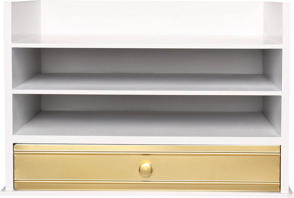 Kate and Laurel Industrious Desktop Wood Letter Tray with 3 Trays and Drawer,...