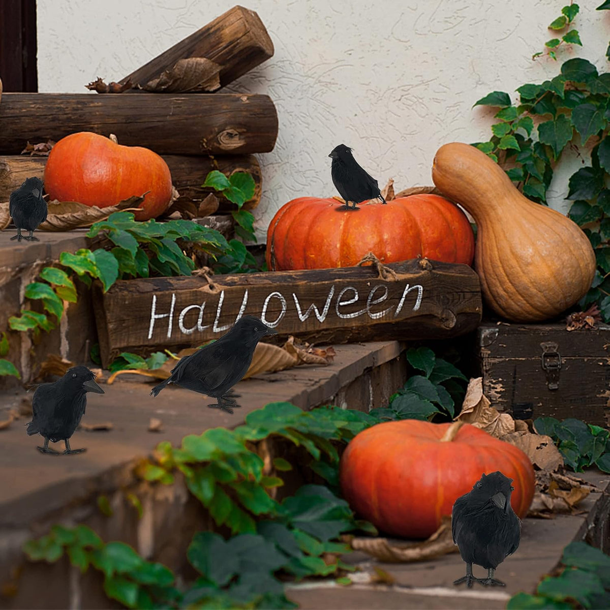FUNPENY Halloween Black Feathered Crows, Lifelik Halloween Decoration Birds w...