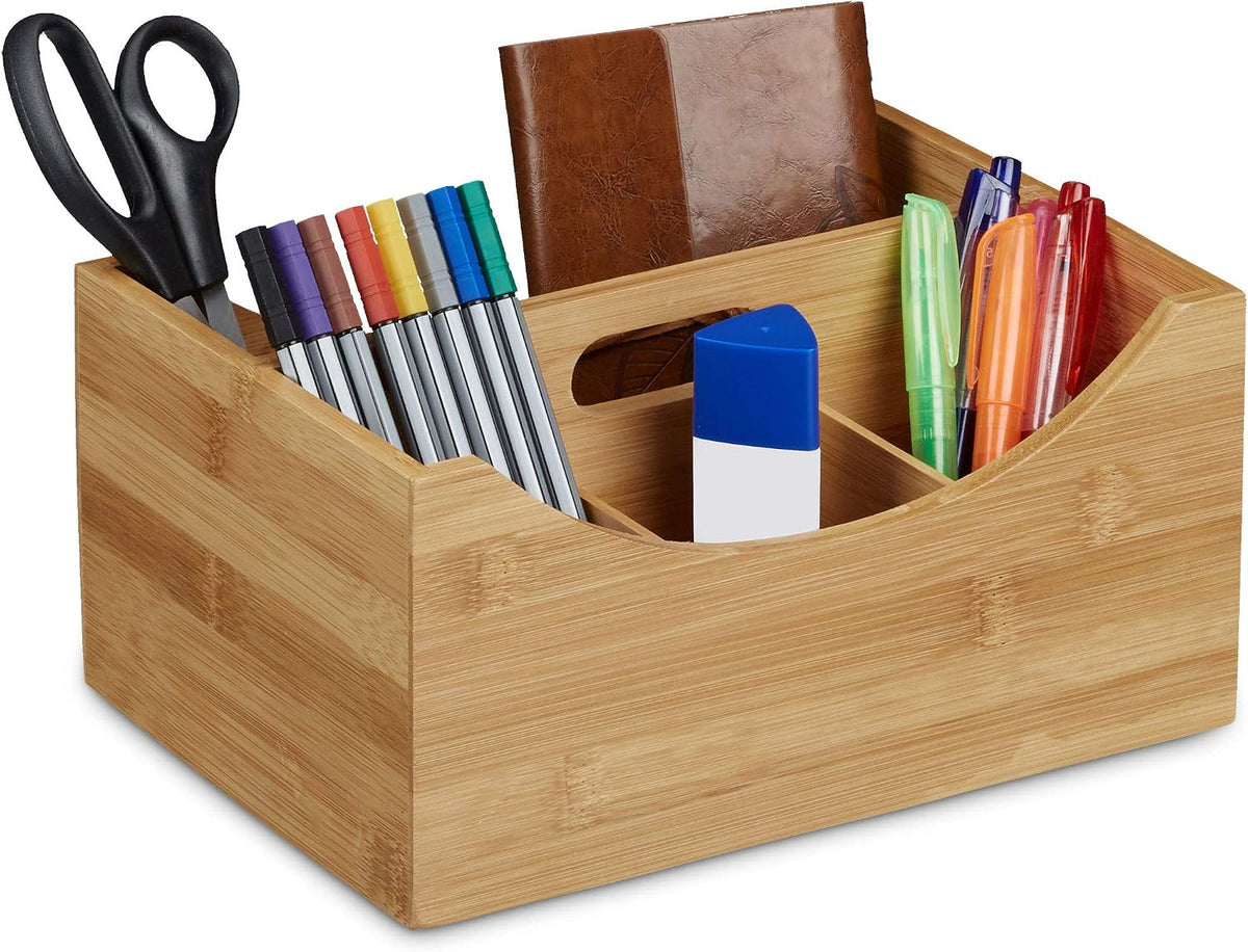 Relaxdays Bamboo Desk Organizer, Stationery Pen Holder, Office File Sorter Ca...