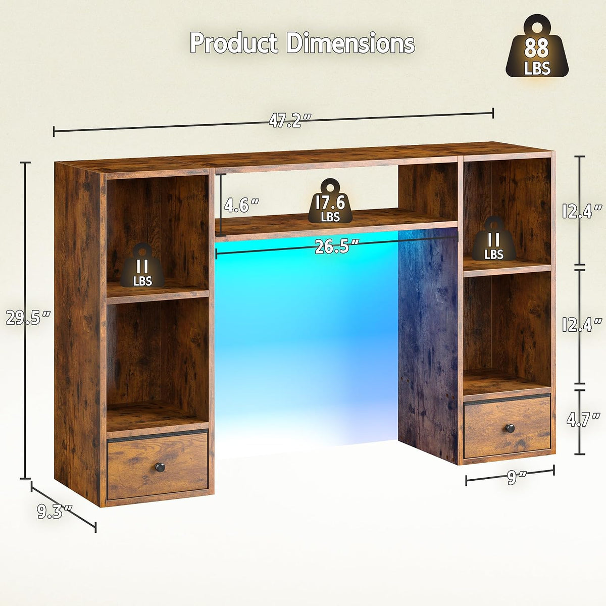 REIBII 47.2" Desktop Bookshelf, 6 Shelves & 2 Drawers, LED Lights, B...