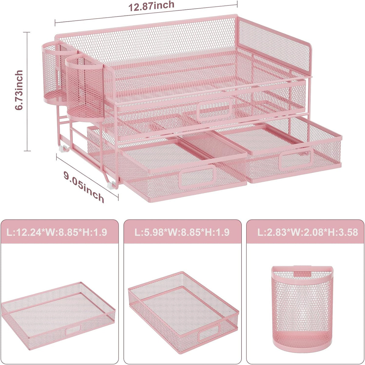 Marbrasse 3 Tier Mesh Desk Organizer with Drawer, Multi-Functional Desk Organ...