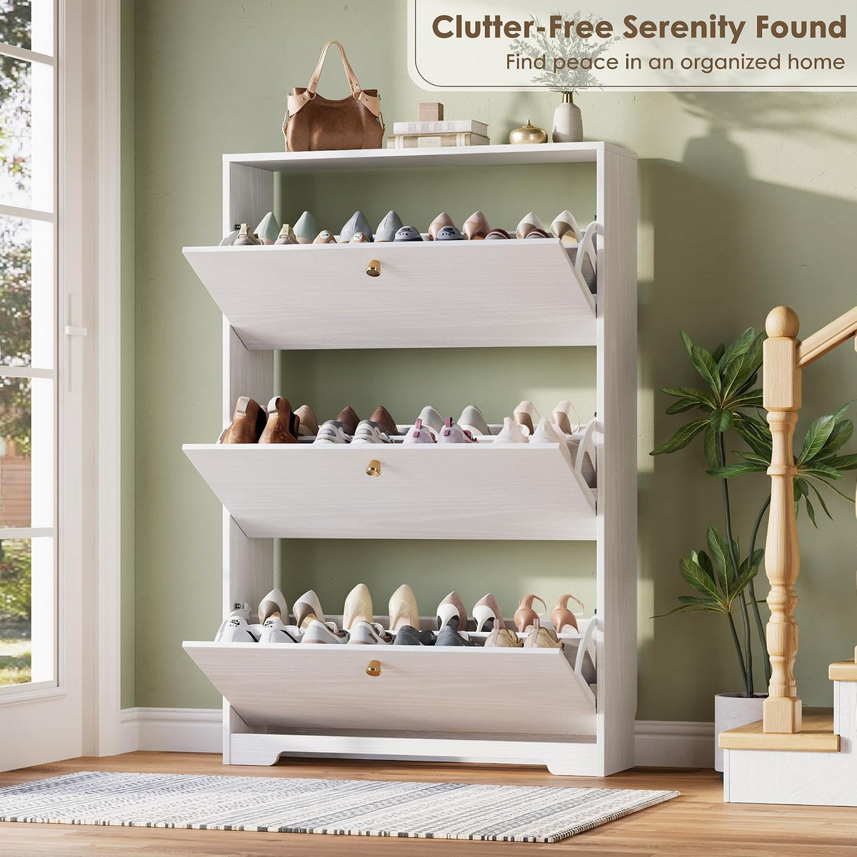 Nicetree Shoe Cabinet with 3 Flip Drawers, Narrow Shoe Organizer Cabinet, Fre...