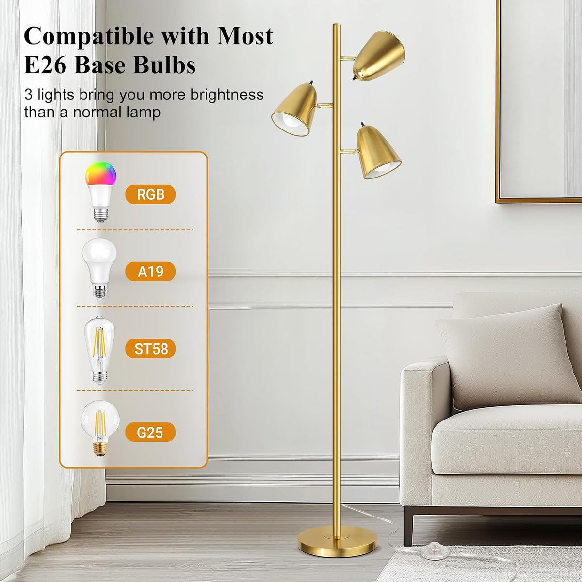 QiMH Tree Floor Lamp with 3 Light Bulbs, Standing Tall Pole Lamps for Living ...