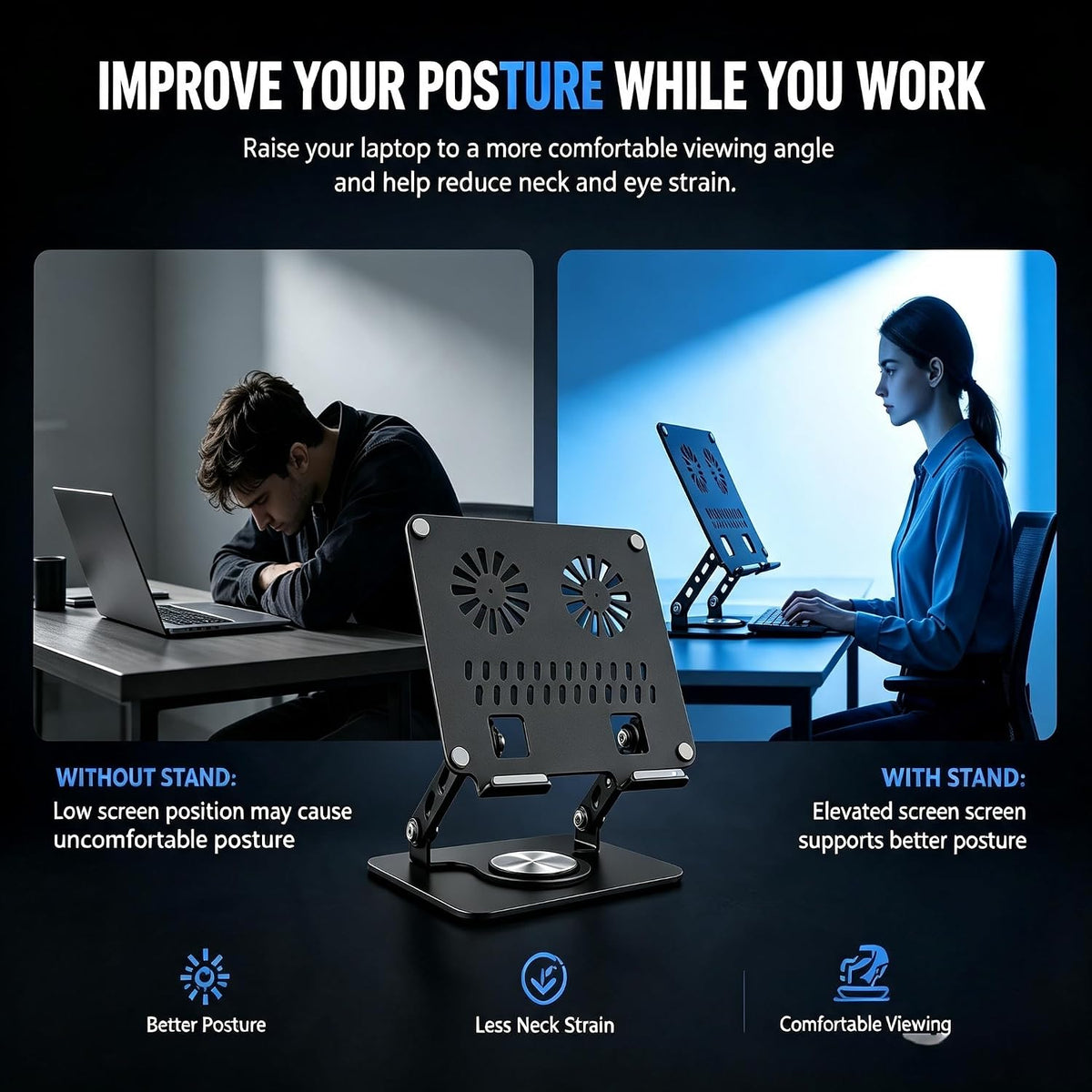 Adjustable Laptop Stand, Computer Stand with 360 Rotating Base