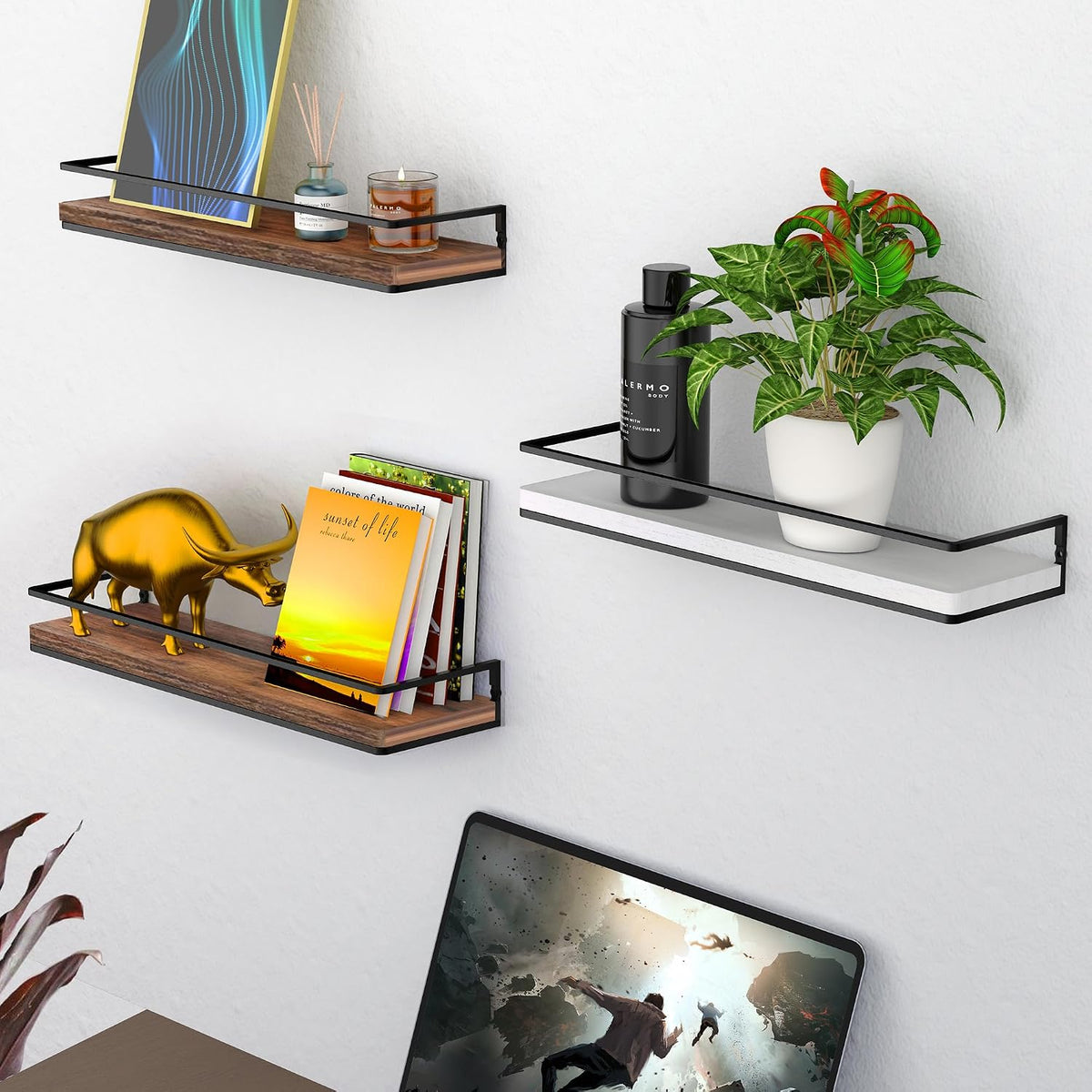 Meangood Rustic Brown Floating Shelves for Wall 17" Bathroom Shelf Set of 2