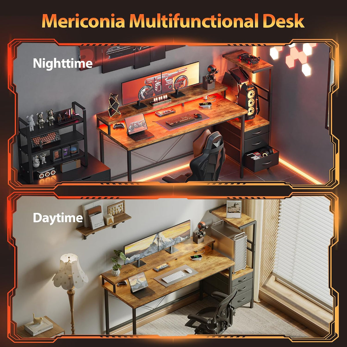 Mericonia 68 inch Gaming Desk with Drawers, Reversible Computer Desk, Brown