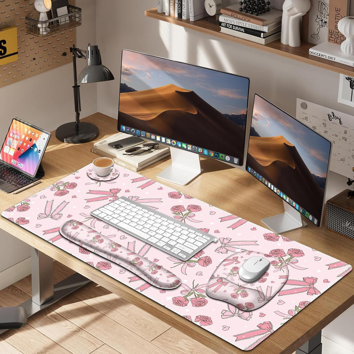 Pink Mouse Pad with Wrist Support 4 in1 Set, XXL Big Game Mousepad + Keyboard...