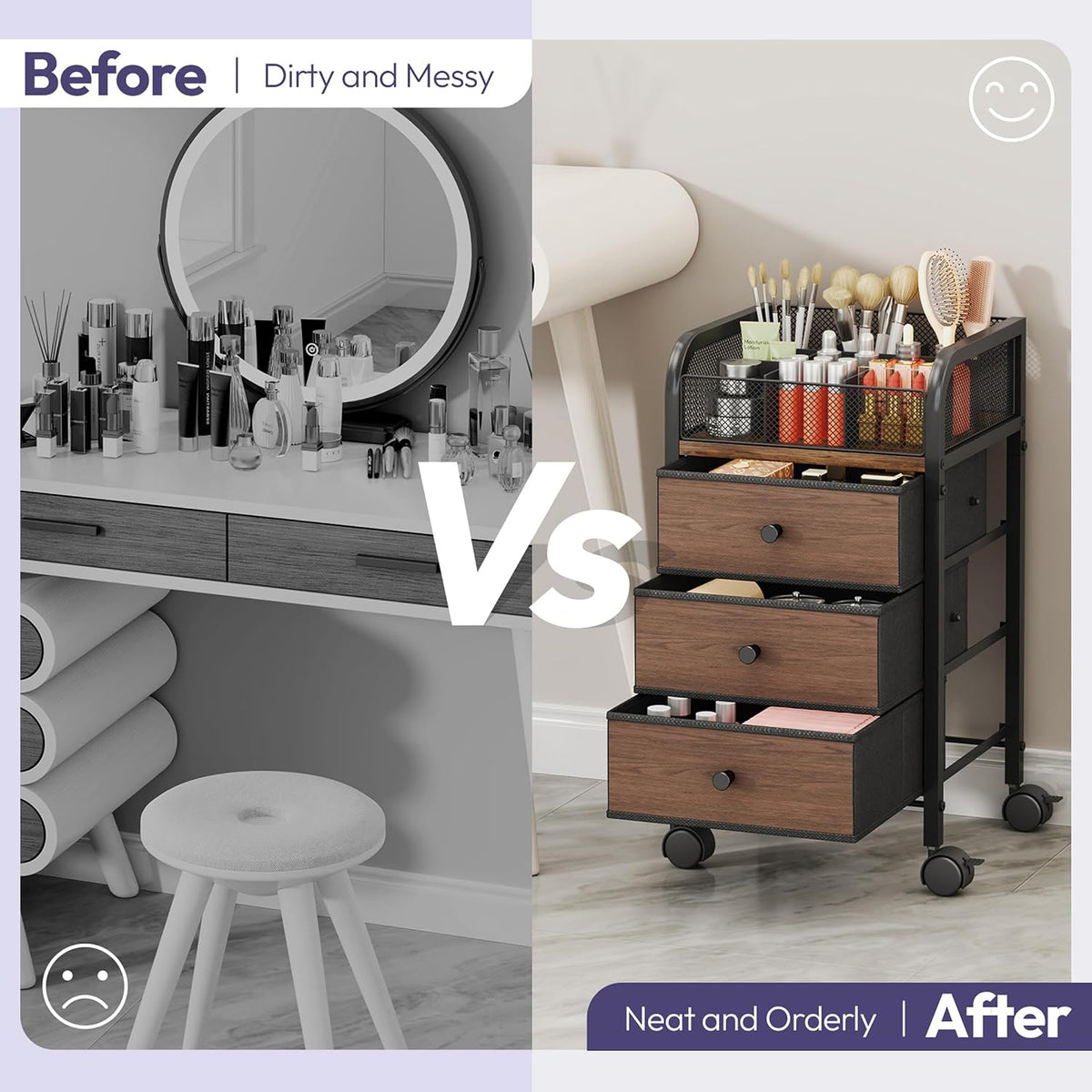 SWTYMIKI Rolling Makeup Organizer Cart - Under Desk Vanity Makeup Storage wit...