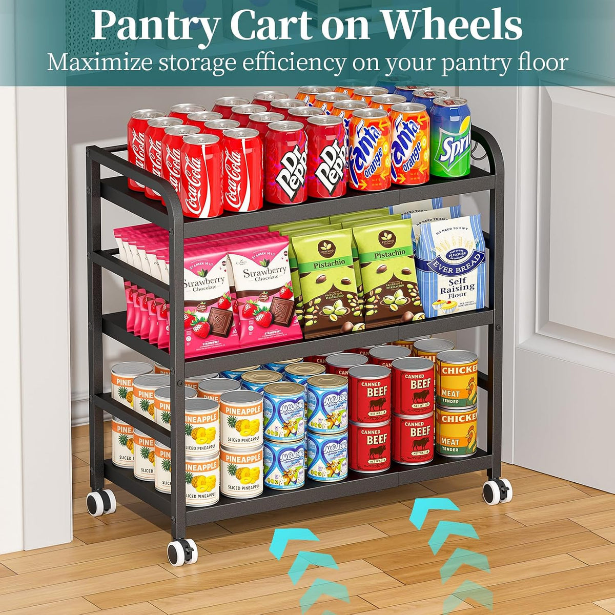 DAOUTIME 3-Tier Expandable Rolling Cart, Pantry Storage Cart with Wheels, Adj...
