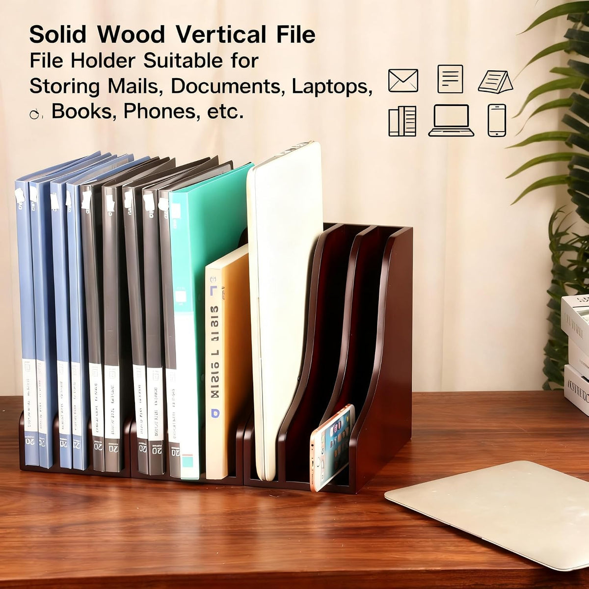 Solid Wood Vertical File Organizer, No Assembly Desk Mail Document Holder