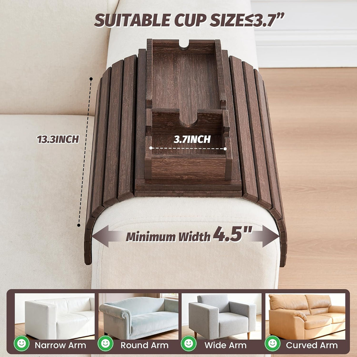 GEHE Detachable Couch Cup Holder, Anti Falling Sofa Arm Tray, Natural Bamboo ...