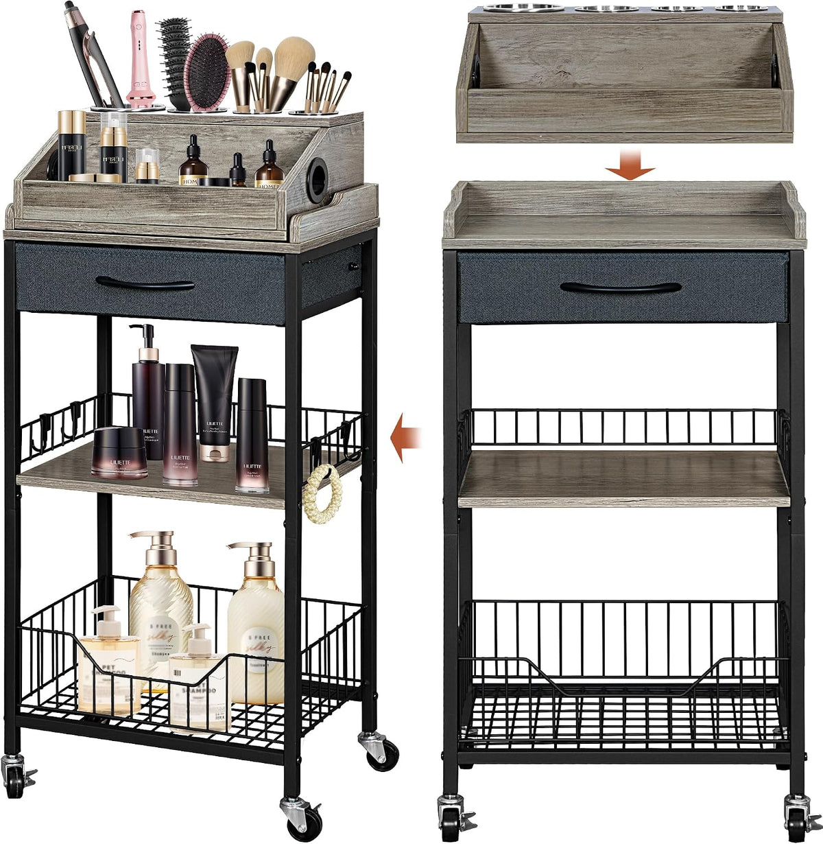 Large Makeup Cart Organizer with Hair Tool Holder, Black and Gray