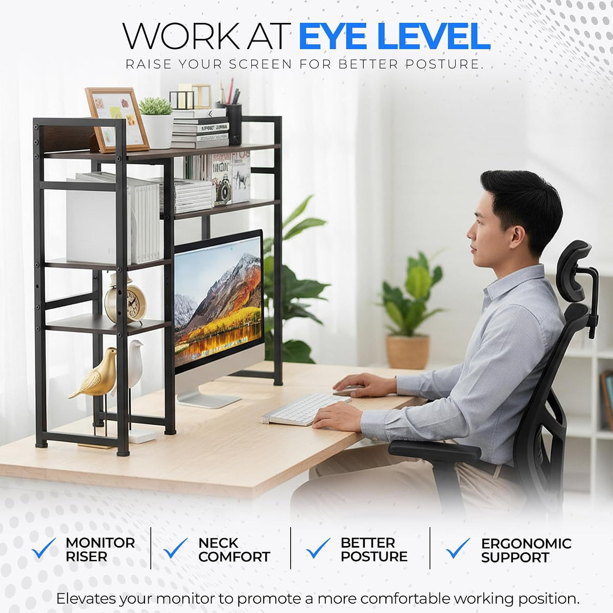 Desk Shelf Storage, 38 Inch, 4-Tier Wood Bookshelf Organizer, Computer Desk H...