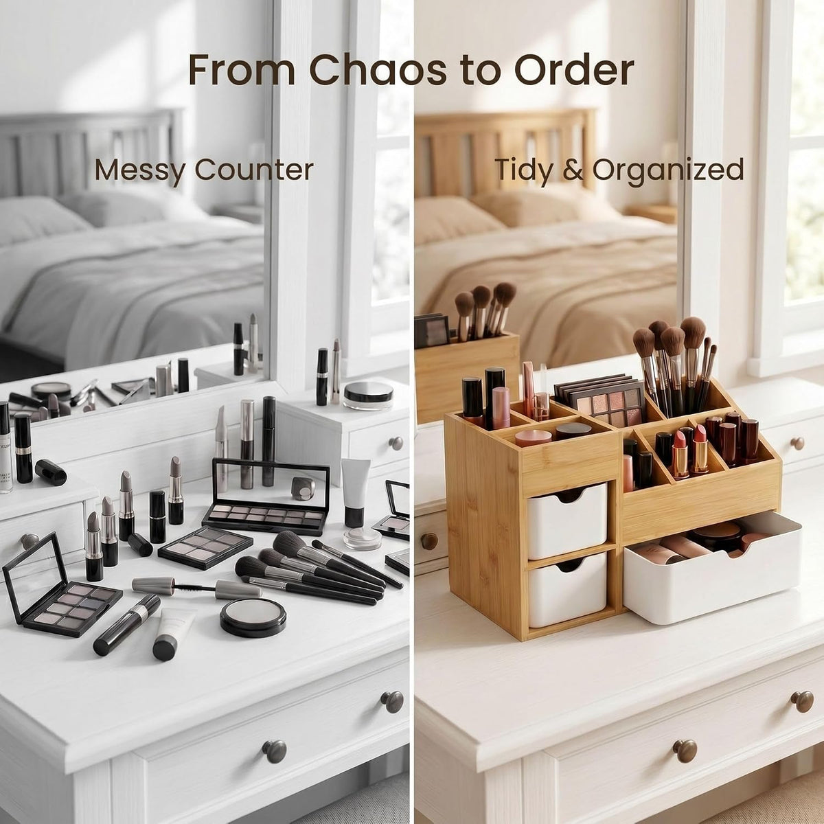 Bamboo Makeup Organizer, 3 Drawers & Adjustable Dividers