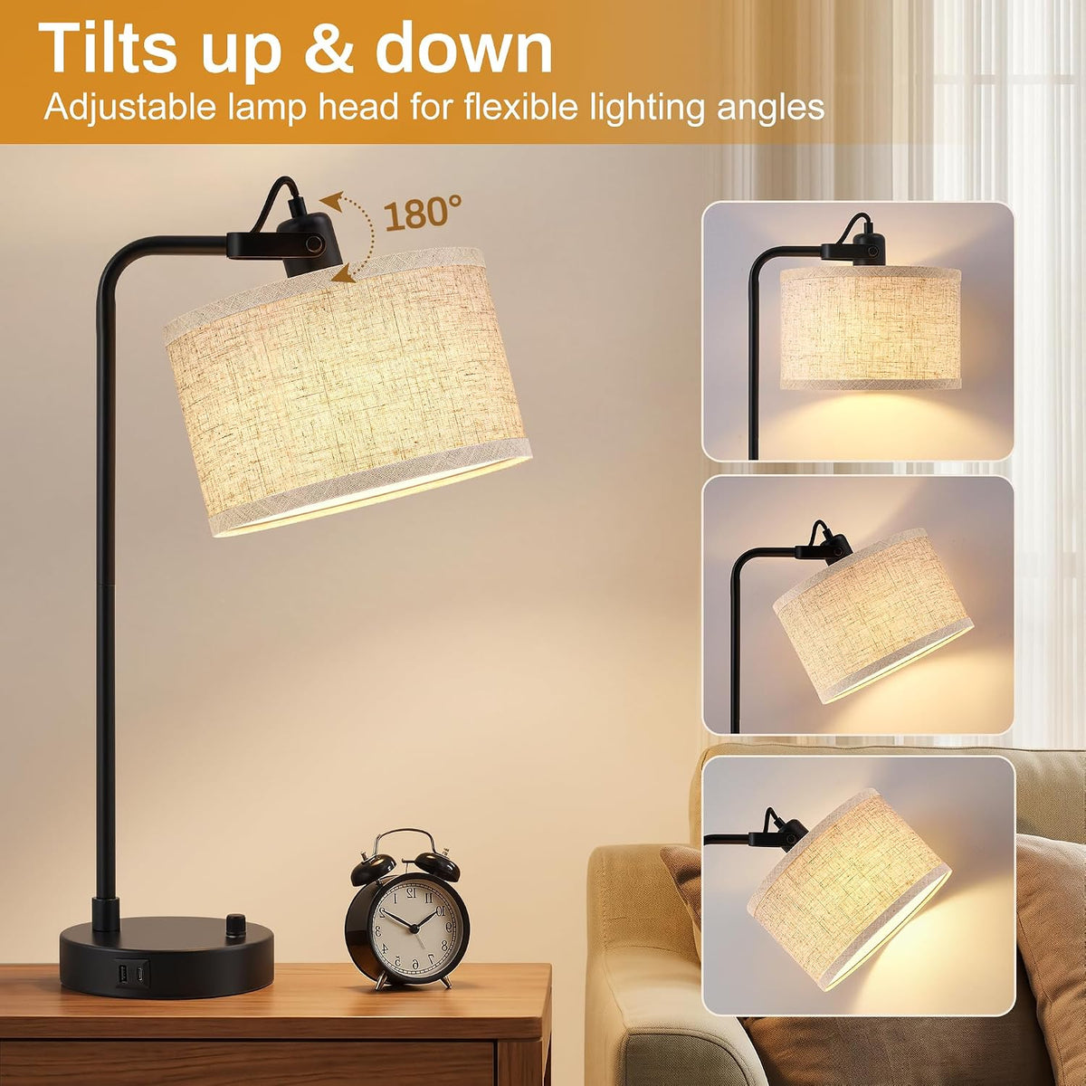 Black Table Lamp Set of 2, USB A+C, 180° Adjustable Bedside Lamps, Dimmable