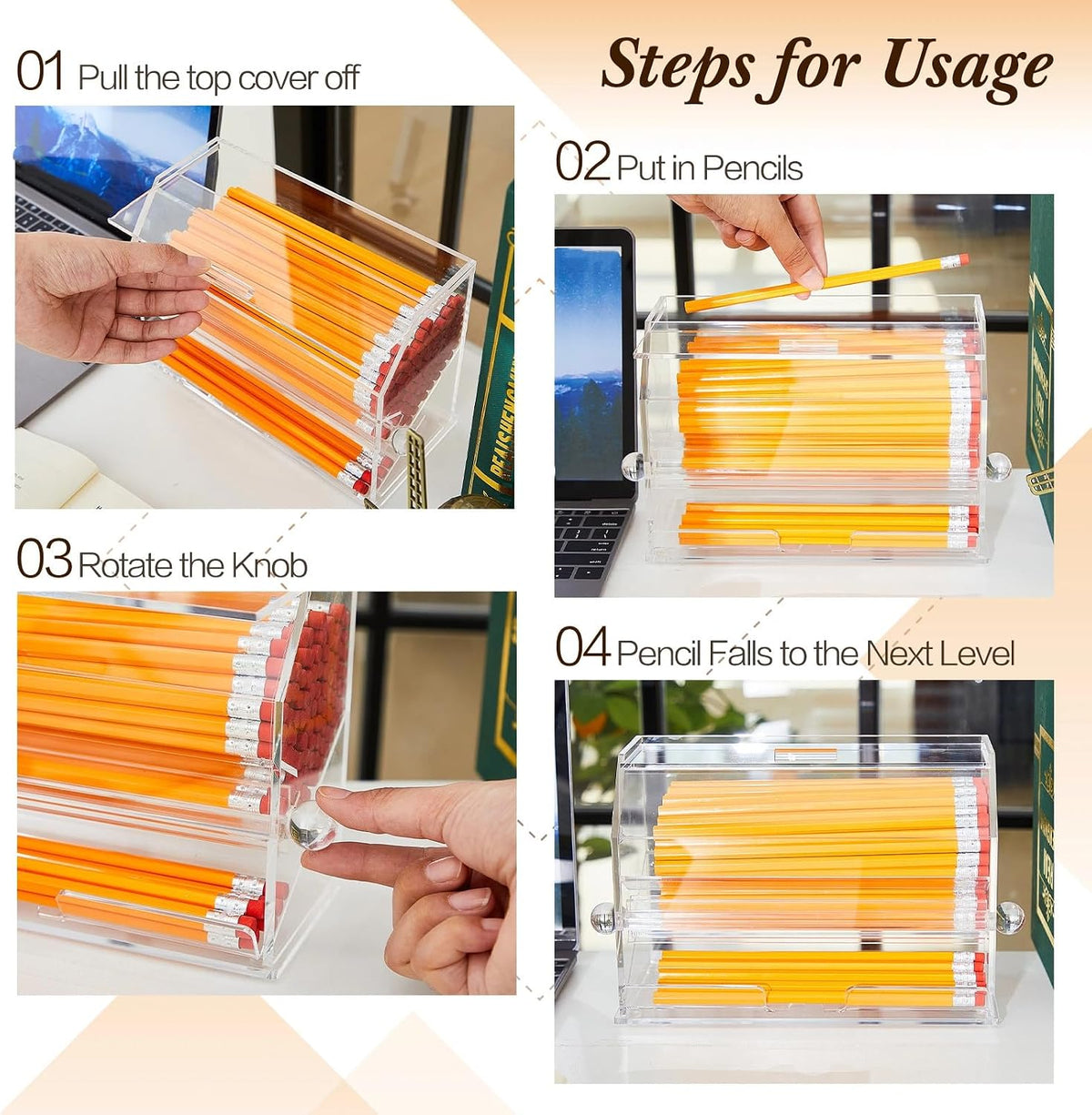Pinkunn 1 Pcs Acrylic Pencil Dispenser Holder with Lid Rolling Knob