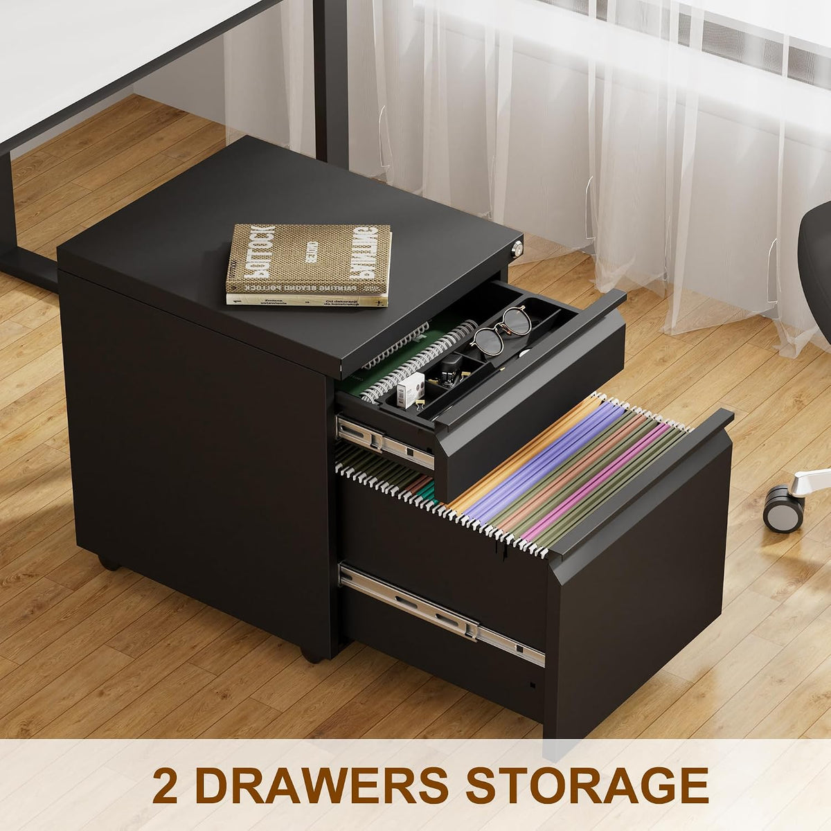 2 Drawer Metal Mobile File Cabinet with Lock and 4 Keys