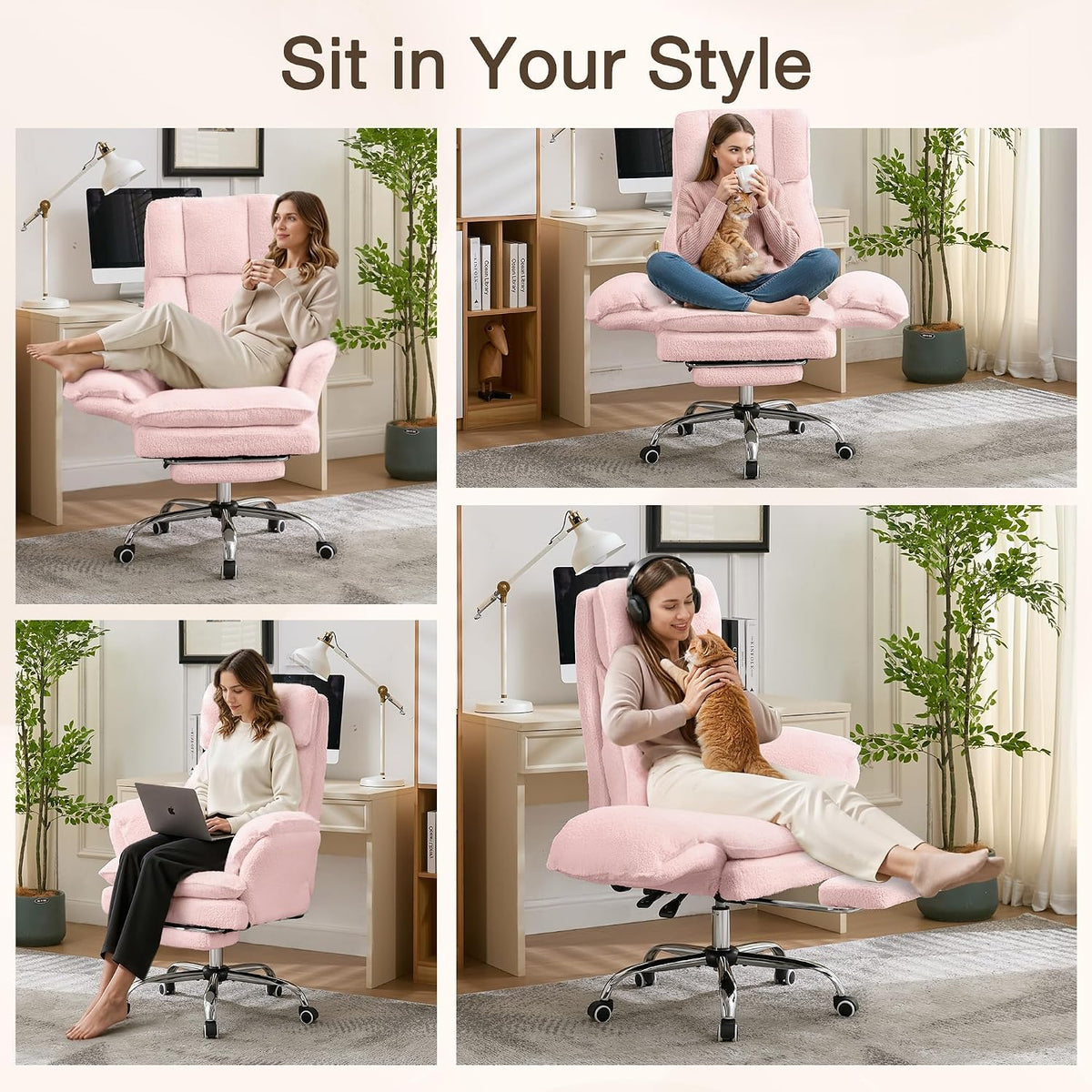 JOMEED Cloud Cross Legged Office Chair with Footrest,Flip Armrest,Pink