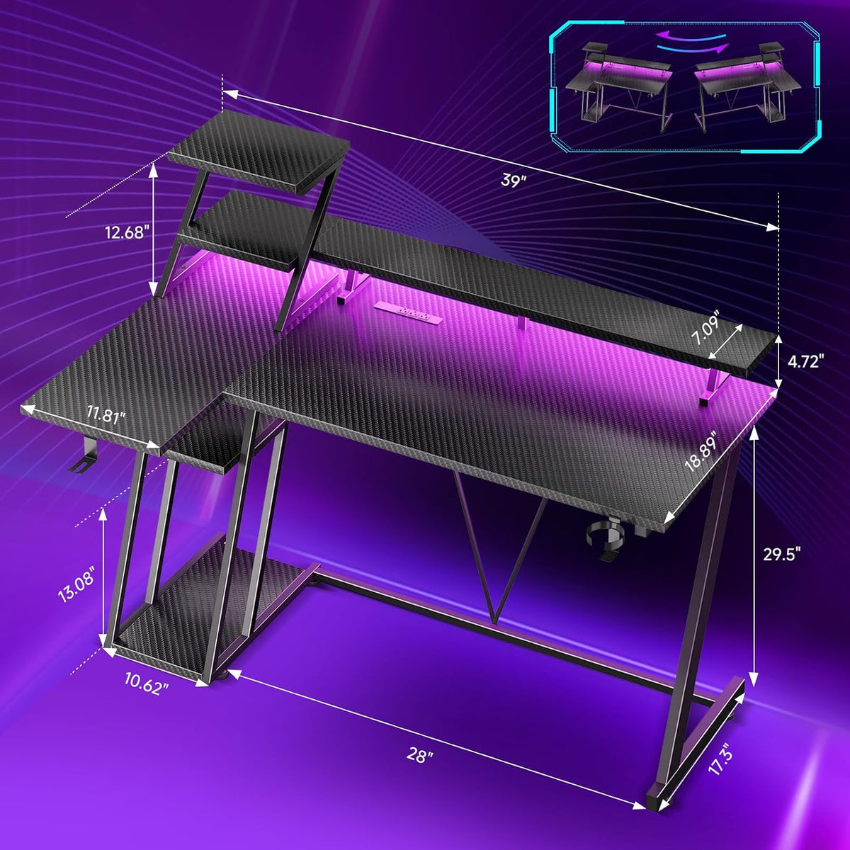 Korfile 40 Inch Gaming Desk with LED & Power Outlet, Carbon Fiber Black