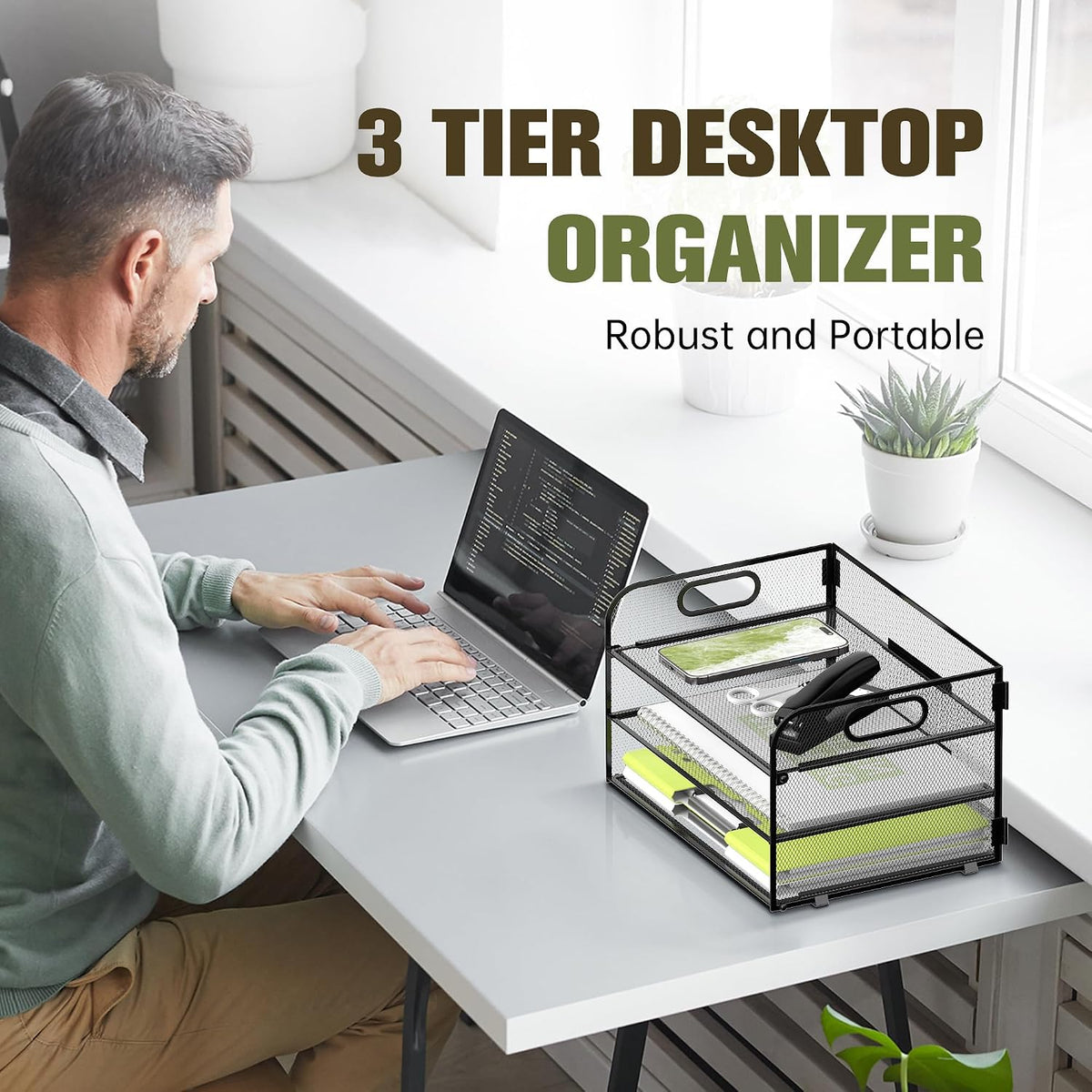 DALTACK 2 Pack 3 Tier Paper Organizer for Desk, Sliding Paper Trays, Black