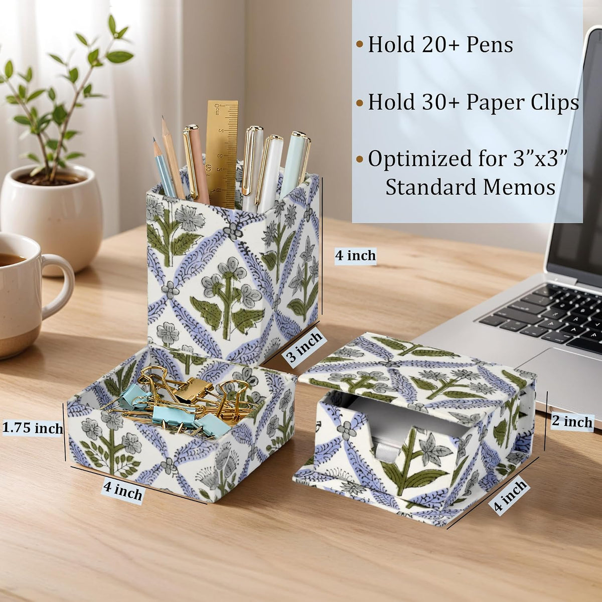Ridhi Light Steel Blue Block Print Desk Organizer Pen & Notepad Holder Pc-3