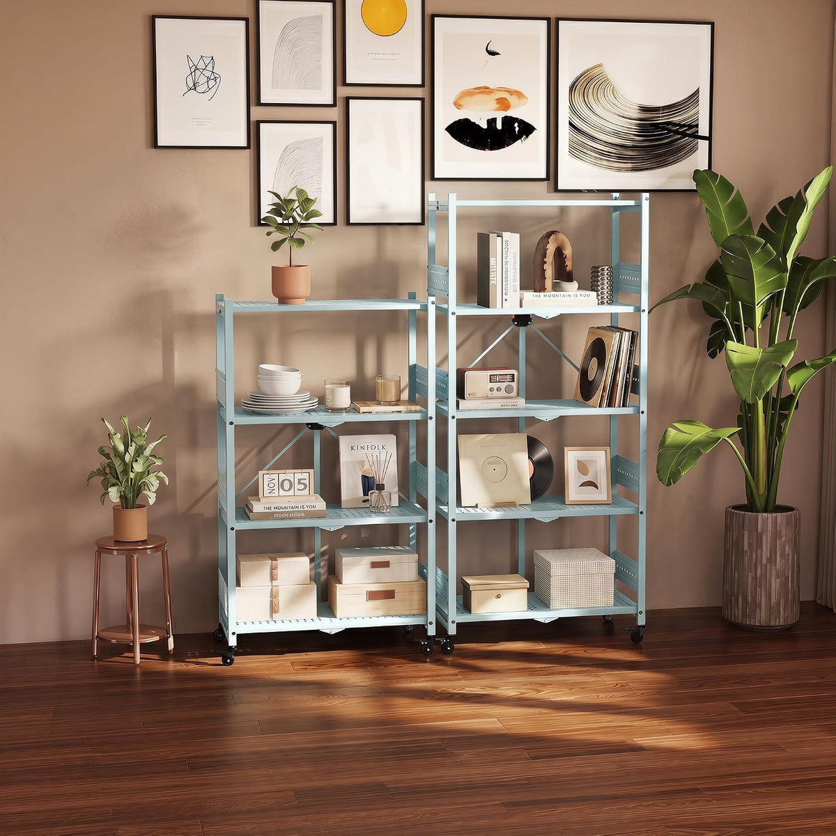 WORKPRO 5-Tier Folding Shelf, No-Assembly Metal Storage Rack with Wheels, 750...