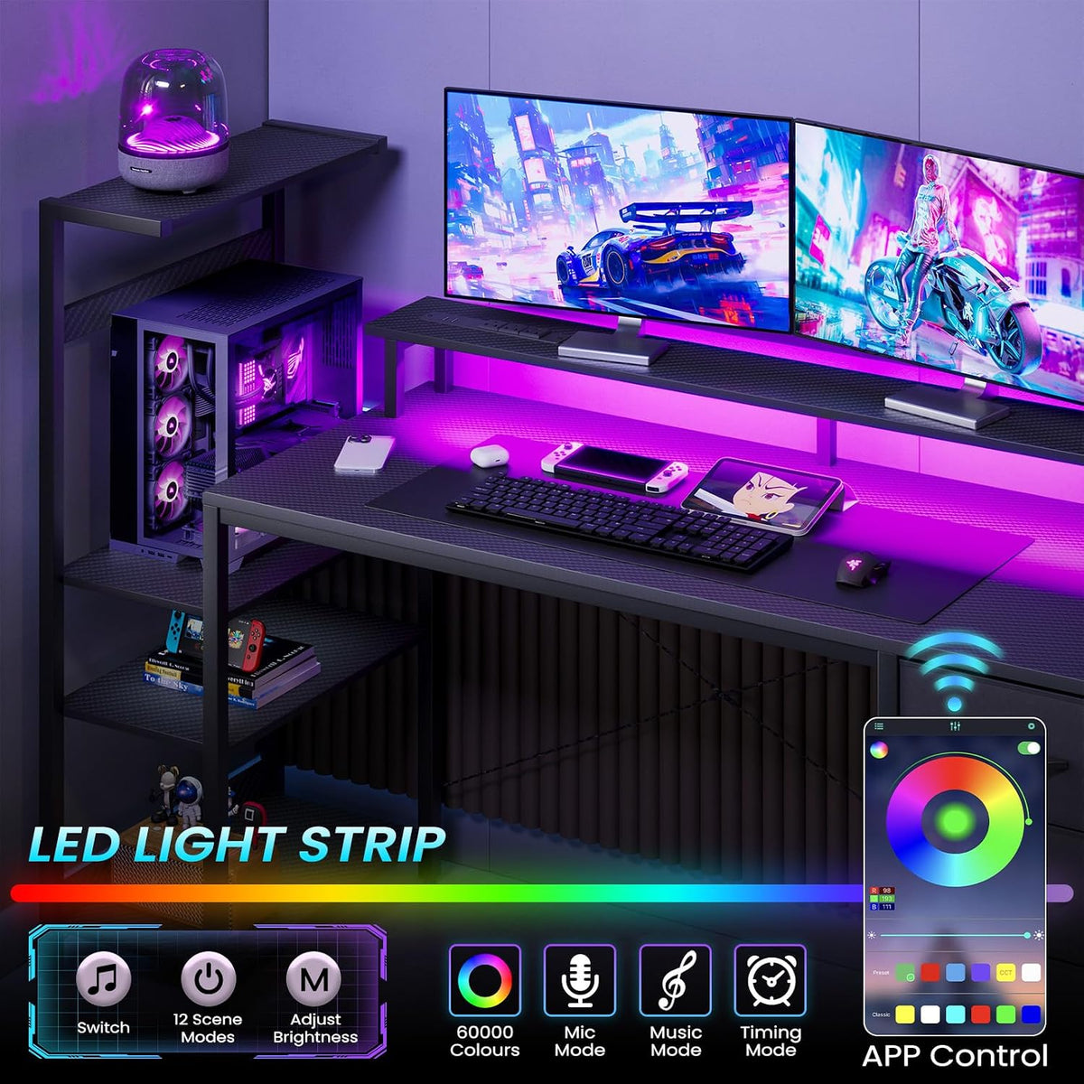 51in Gaming Computer Desk with Drawers & Power Outlet & LED Lights, B...