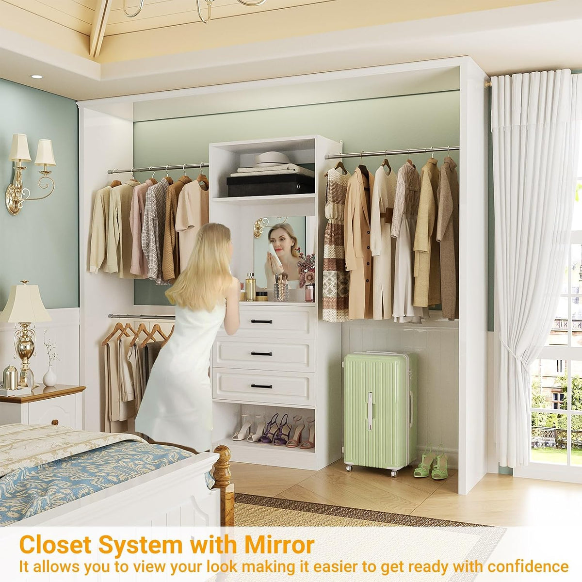 Unikito 48" - 96" W Closet System with Mirror and 3 Extendable Hang...