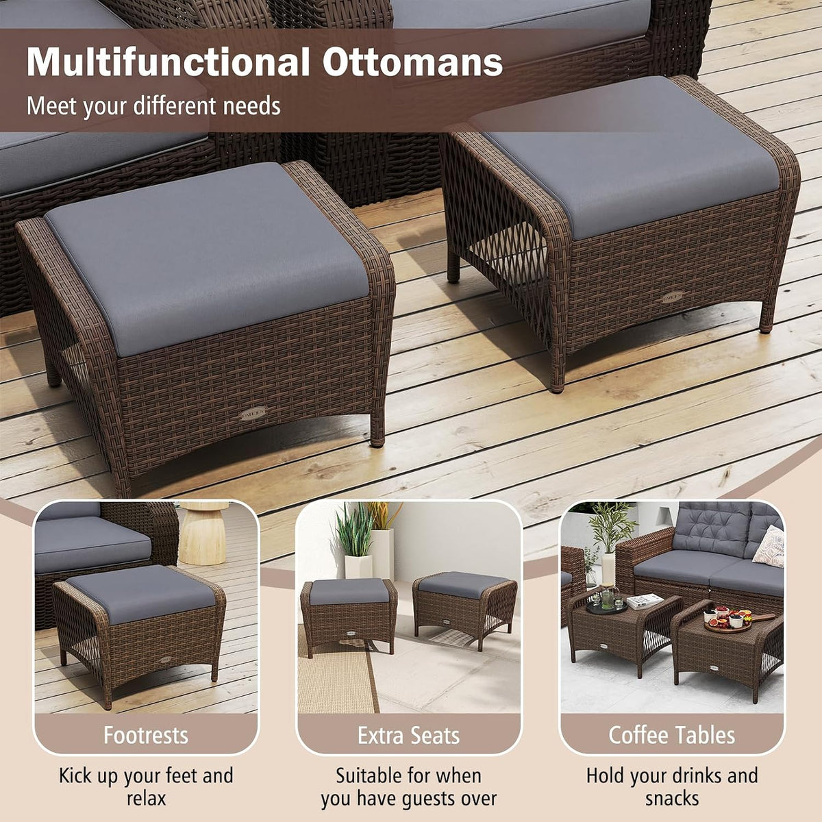 Tangkula 2 Pieces Patio PE Wicker Ottomans (Grey, 17 inch)