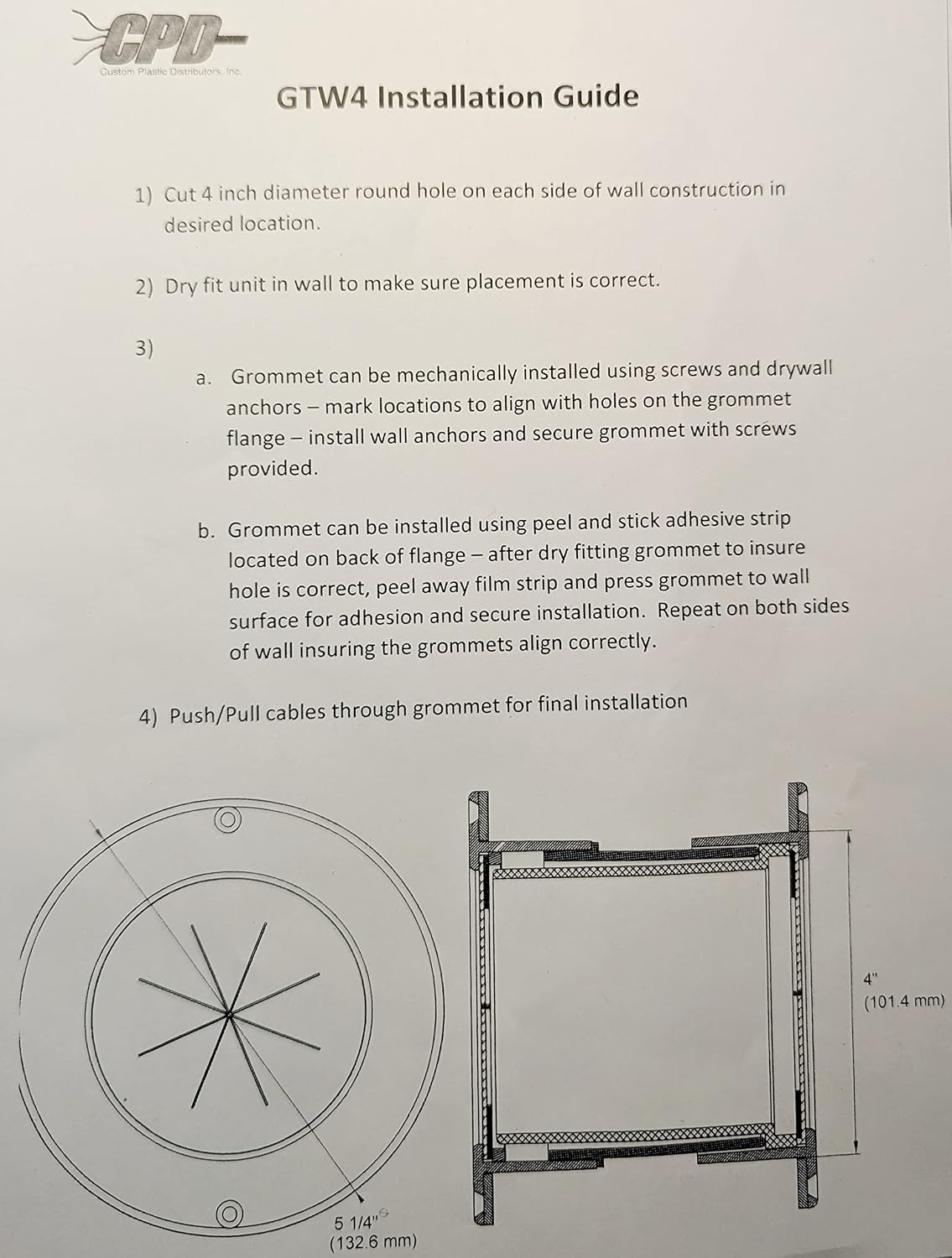 GTW4 4" wall Pass Through Grommet System for Cable Management, Double La...