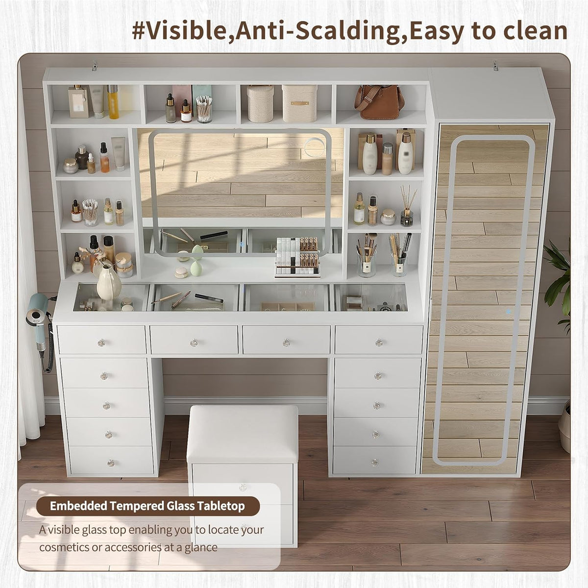 71'' Vanity Desk with LED Lights & Body Mirror, Hidden Cabinet, W...