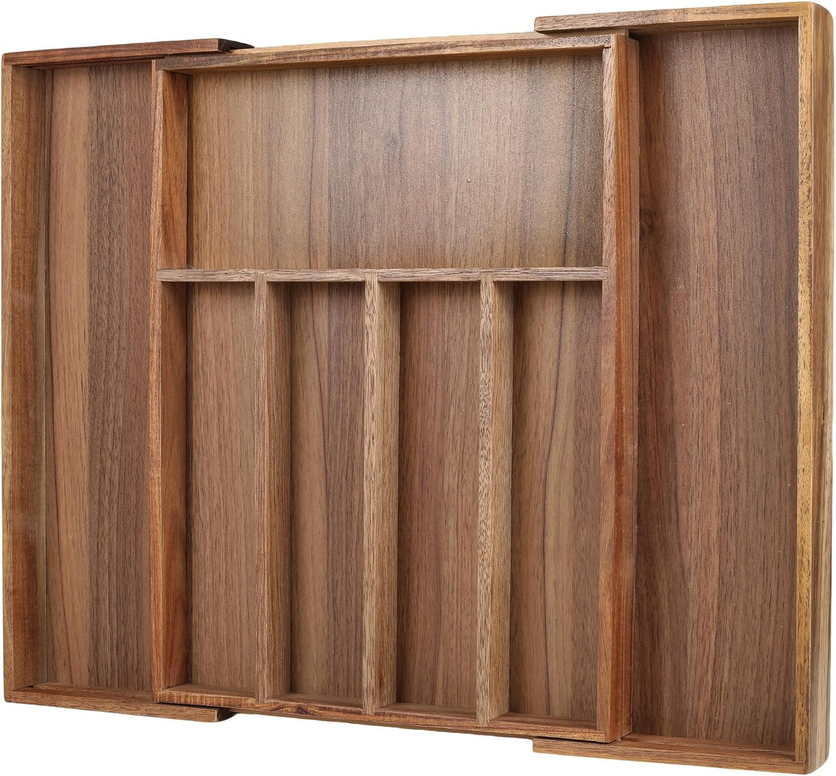 Acacia Wood Silverware Organizer, 7-Compartment Expandable Drawer Tray