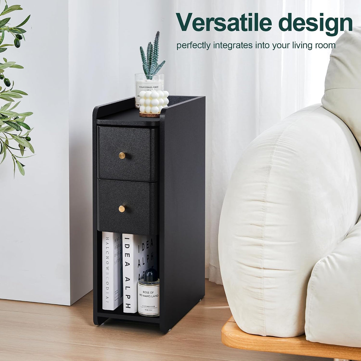 FurSch Narrow Nightstand, Wooden 2 Drawer, Slim Side End Table, Black, 1 pc