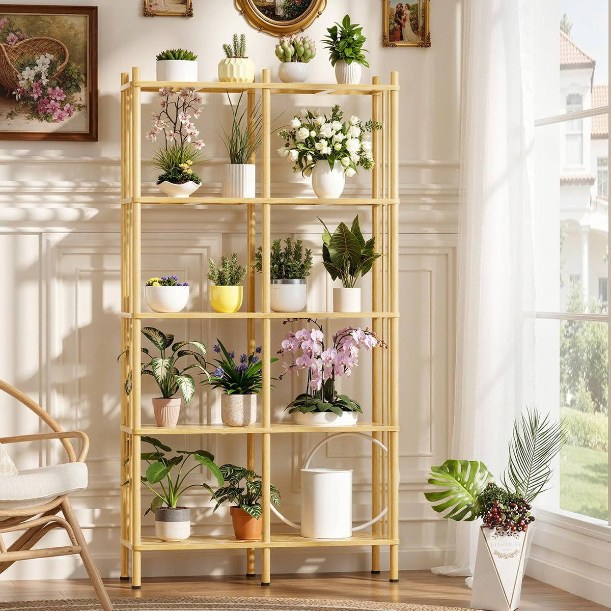 5 Tier Book Shelf, Tall Bamboo Bookcase, Wide Bookshelf with 10 Open Display ...