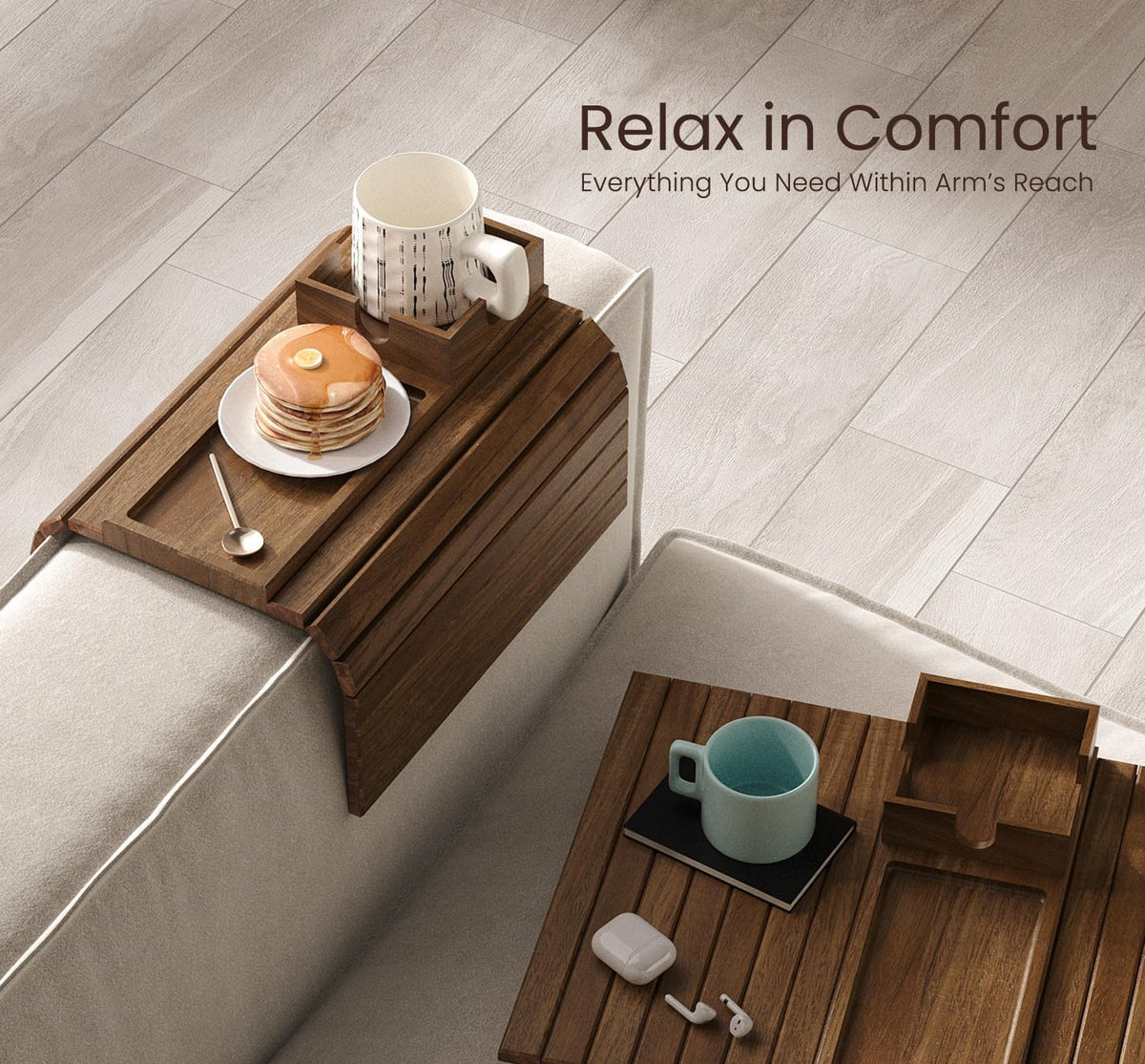 Fibogollo Acacia Wood Foldable Sofa Arm Tray with Square Cup Holder 2PC