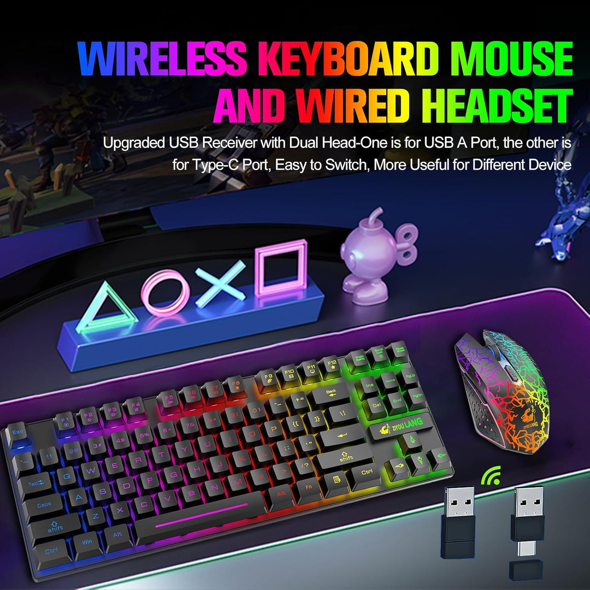 Wireless Membrane Gaming Keyboard and Mouse Set with 87Key Tenkeyless-Black