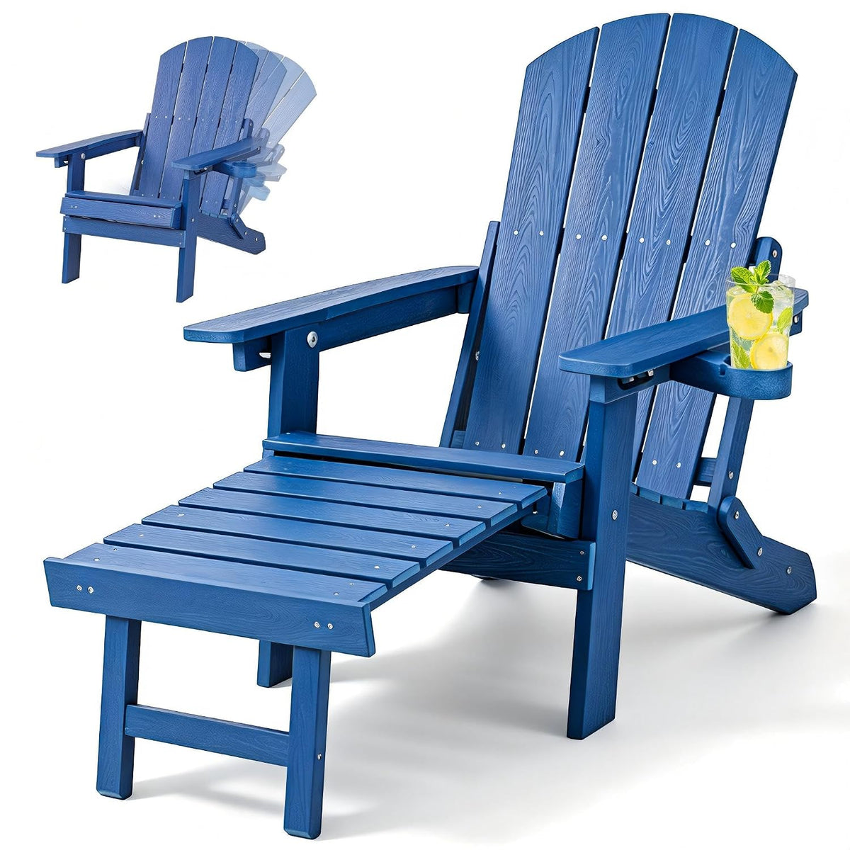 Folding Adjustable Adirondack Chair with Footrest, All-Weather HDPE Plastic C...