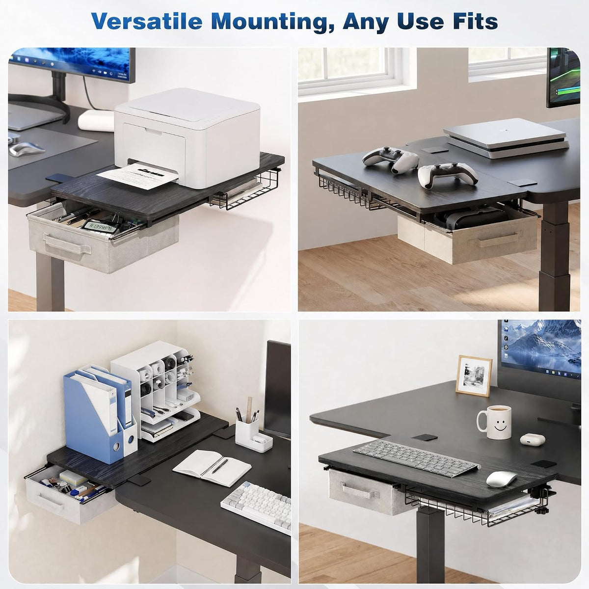 Desk Extender Tray, Clamp On Desk Shelf with Exchangeable 2 Drawers, Grey