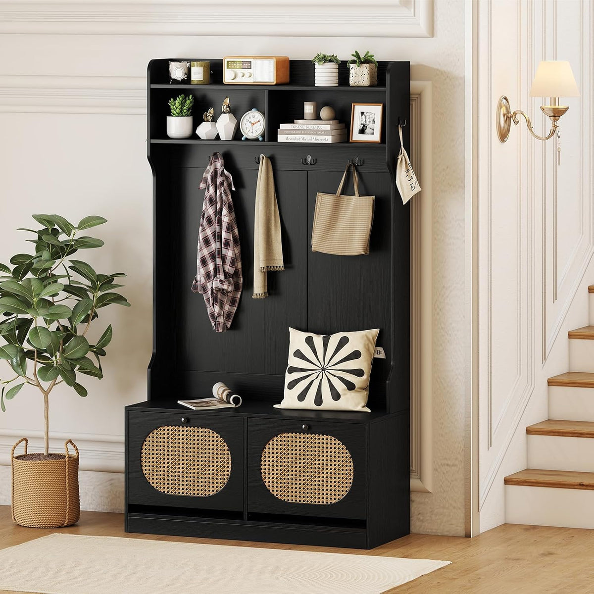 GIANTEX 4-In-1 Hall Tree with Bench and Shoe Storage, Entryway Bench with Coa...