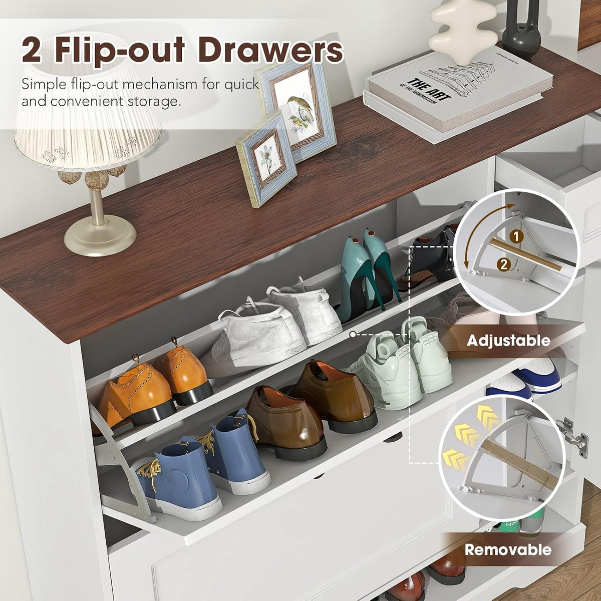 Patiorama Shoe Cabinet with 2 Flip Drawers, Side Cabinet, White