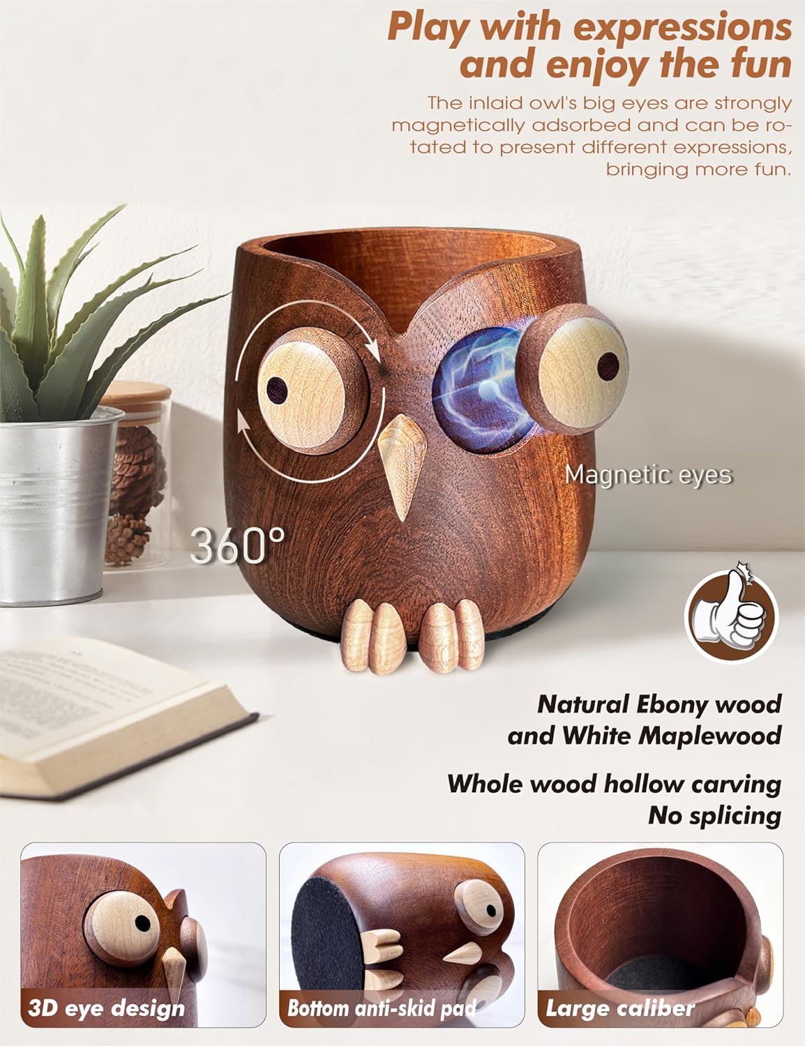 Solid Wood Owl Pen Holder for Desk with Adjustable Expressions, Funny Pencil ...
